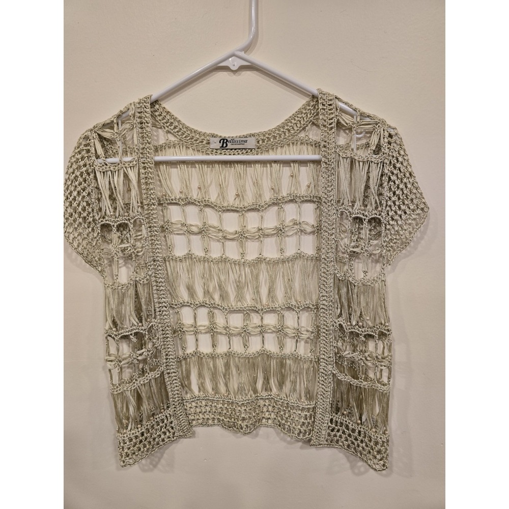 Beaded Crochet Open Front Top Boho Open‎ Weave Cardigan Beige Lightweight S-M